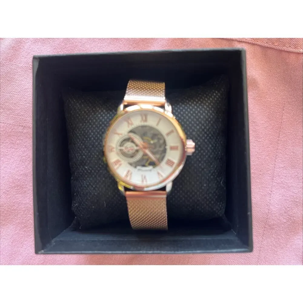 Forsining Women's Rose Gold Automatic Mechanical Skeleton Transparent Watch